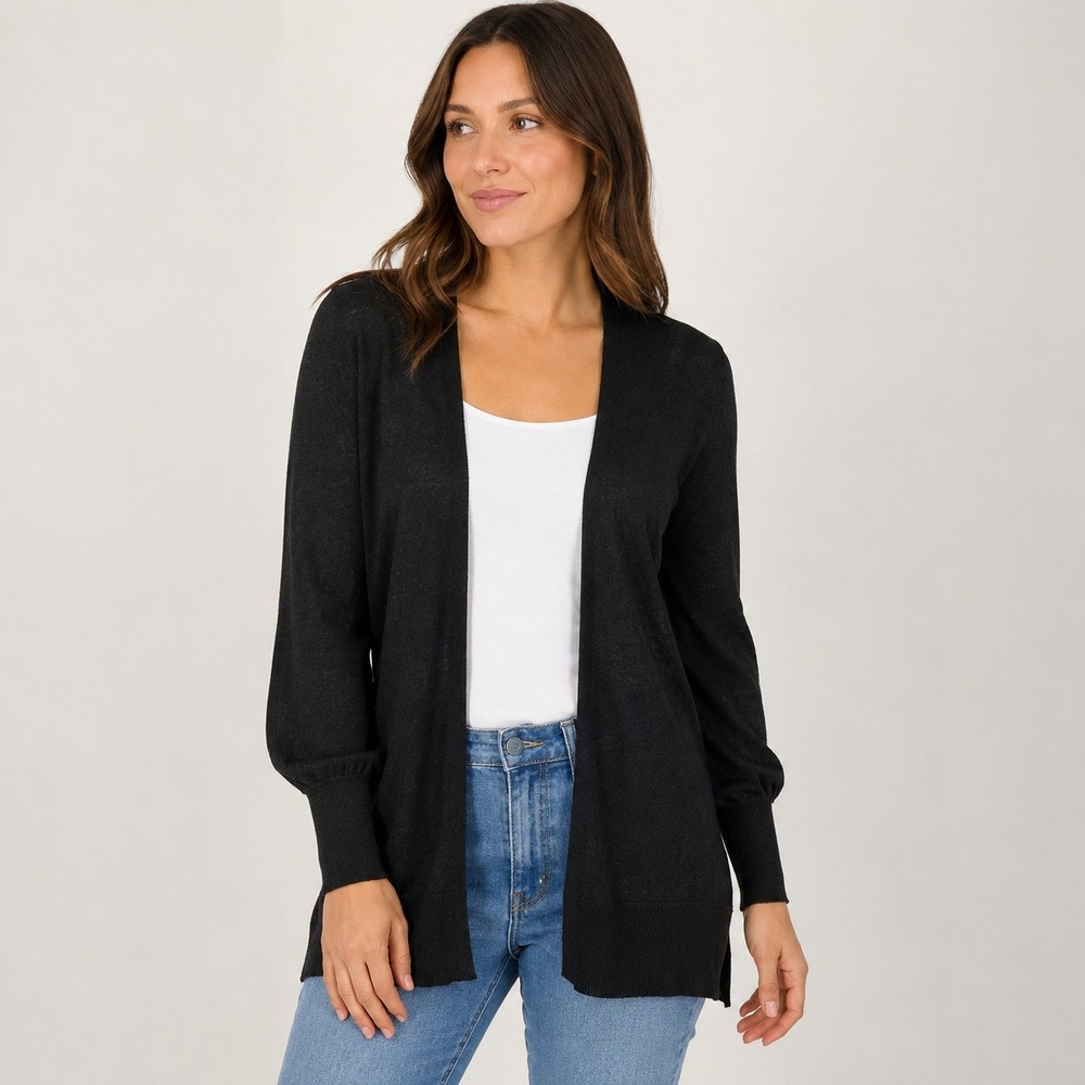 Halogen Womens Black Linen Blend Open Front Longline Cardigan Sweater Size S